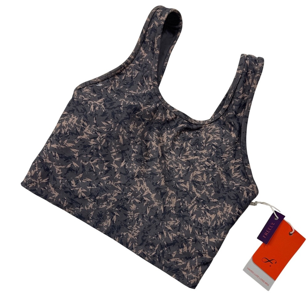 Freely Haven Luxe Long Bra Medium Support Cross Back Camo Grey Tan Size M NWT